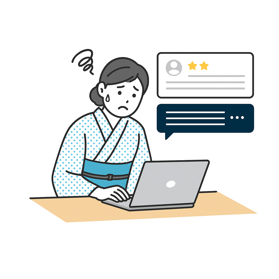 レビューの返信に困っている女将の画像